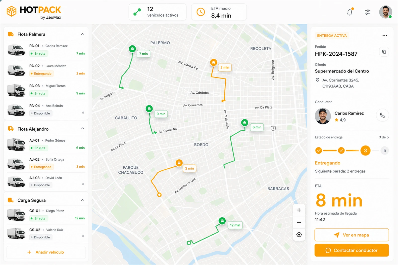 HOTPACK — mapa de flotas con vehículos en tiempo real